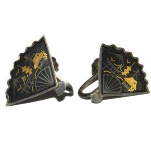 Vintage Silver Earrings Damascene Fan Japan Gold Tone